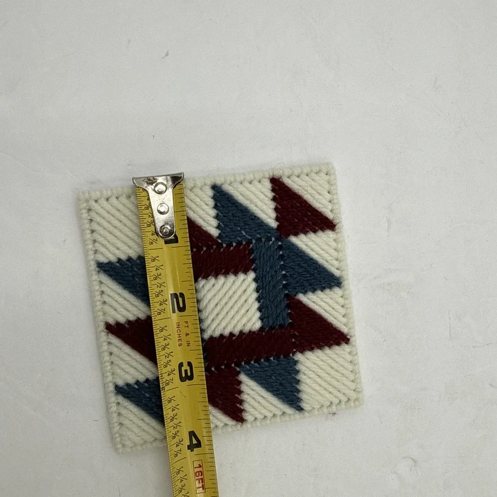 Vintage Handmade Set of 6 Needlepoint Yarn‎ Quilt Block Coasters with Holder 4x4